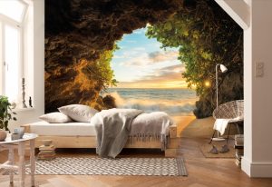 Ambiente decorado com Painel fotográfico com foto de praia