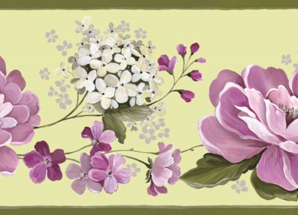 Faixa de Papel de Parede com desenho de flores Rosa e Fundo Verde