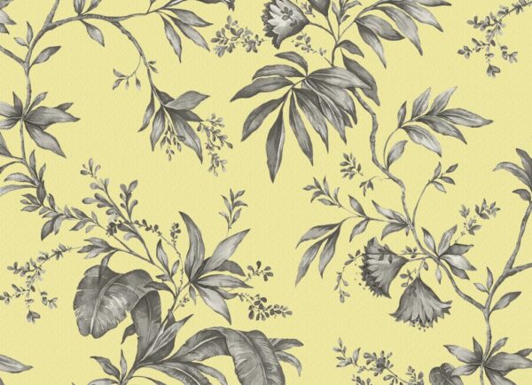 Papel de Parede com Folhagenm Cinza e fundo Amarelo