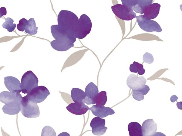 Papel de Parede com Desenho de Flor Roxa e Fundo Branco